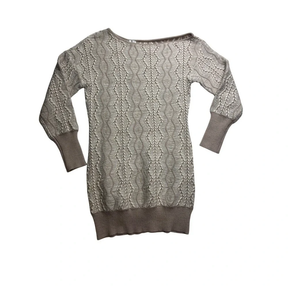 Venus Womens Tan Cream Geometric Cable Knit Boat Neck Tunic Sweater Size M - Picture 1 of 13